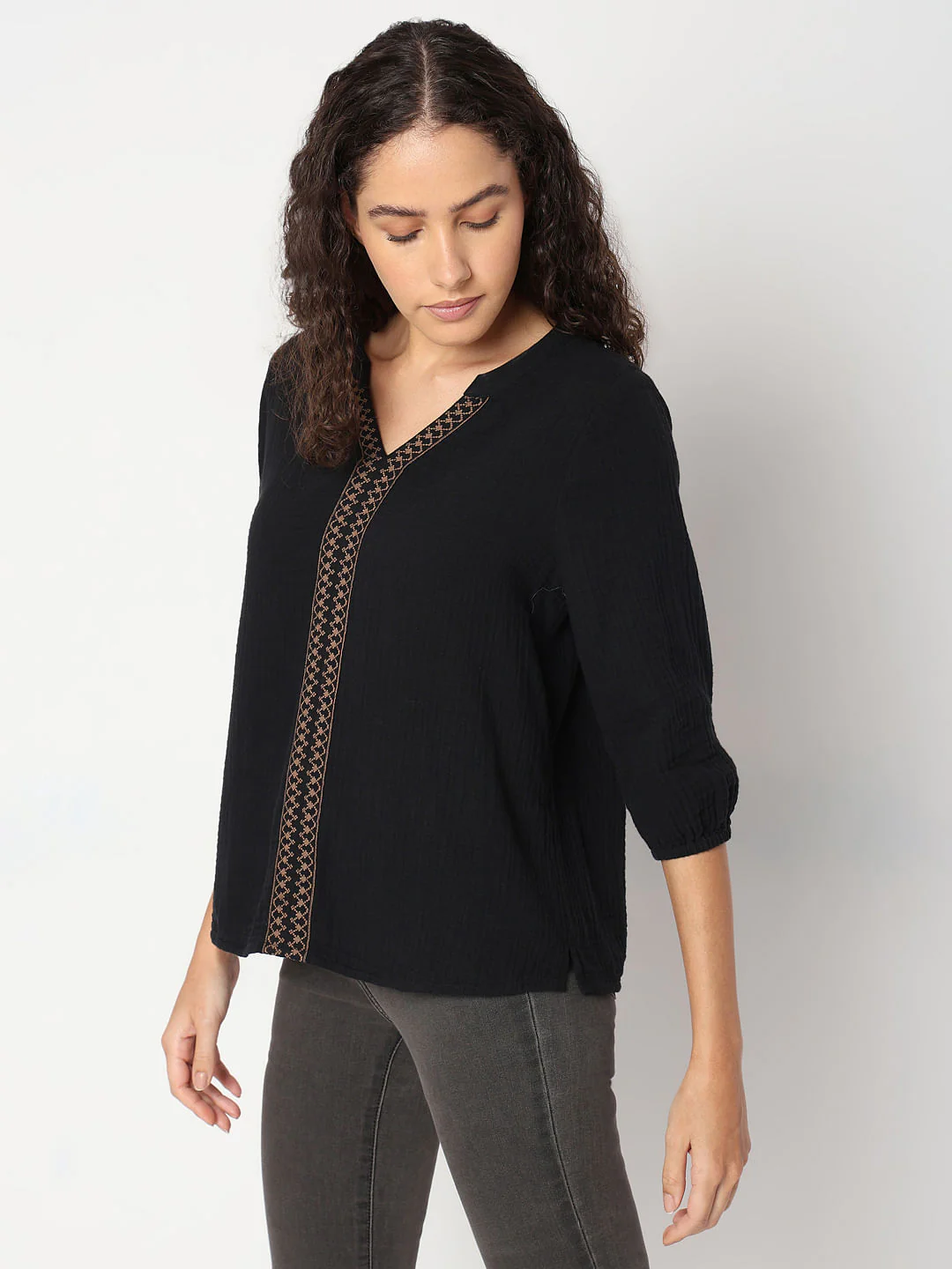 Black Cotton Mandarin Collar Top - Image 3