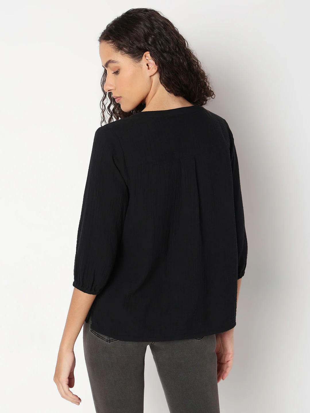 Black Cotton Mandarin Collar Top - Image 4