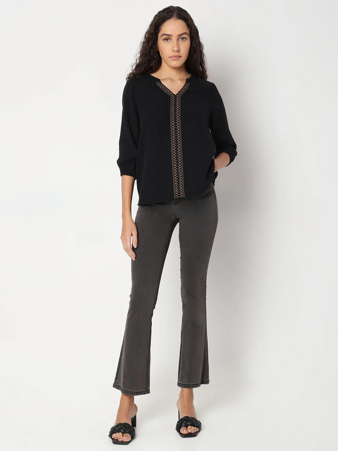 Black Cotton Mandarin Collar Top - Image 5