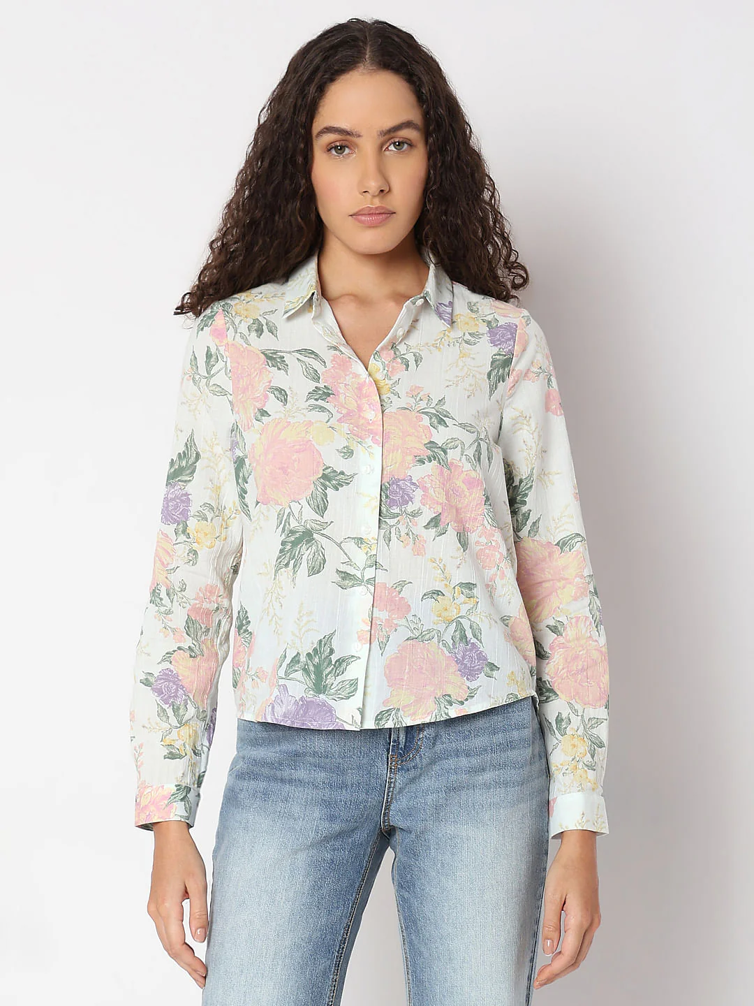 Light Beige Floral Cotton Shirt - Image 2