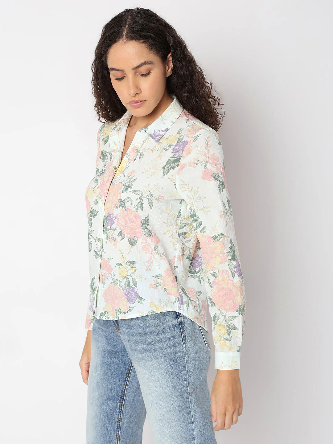 Light Beige Floral Cotton Shirt - Image 3