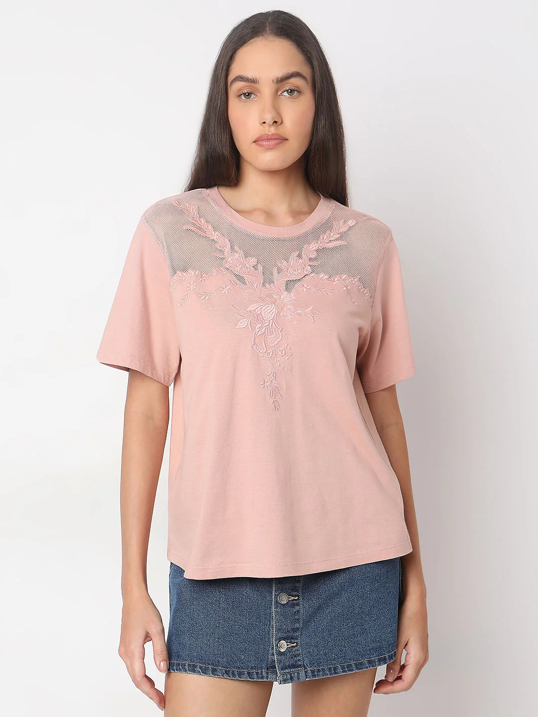 Pink Floral Appliqu  Mesh T-Shirt - Image 2