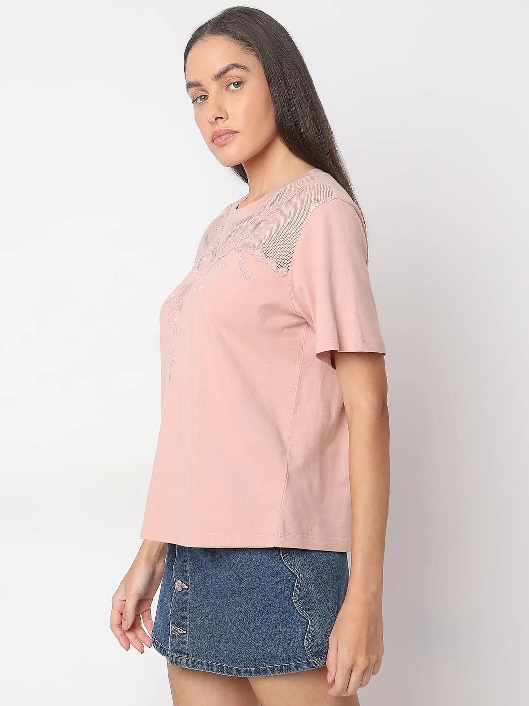 Pink Floral Appliqu  Mesh T-Shirt - Image 3