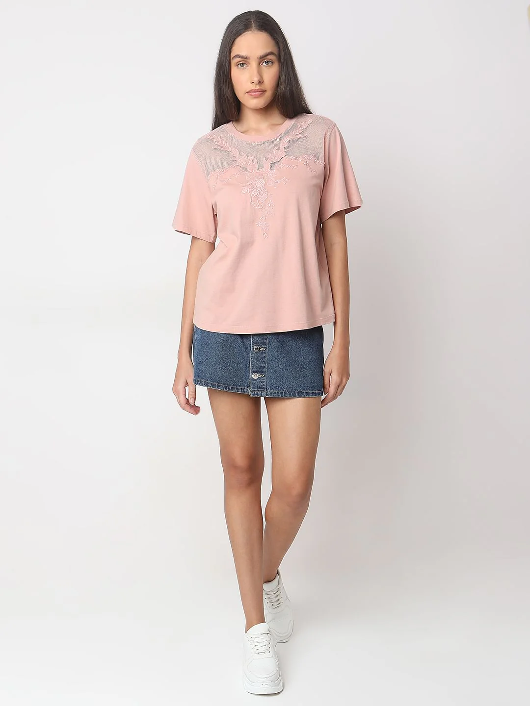 Pink Floral Appliqu  Mesh T-Shirt - Image 5