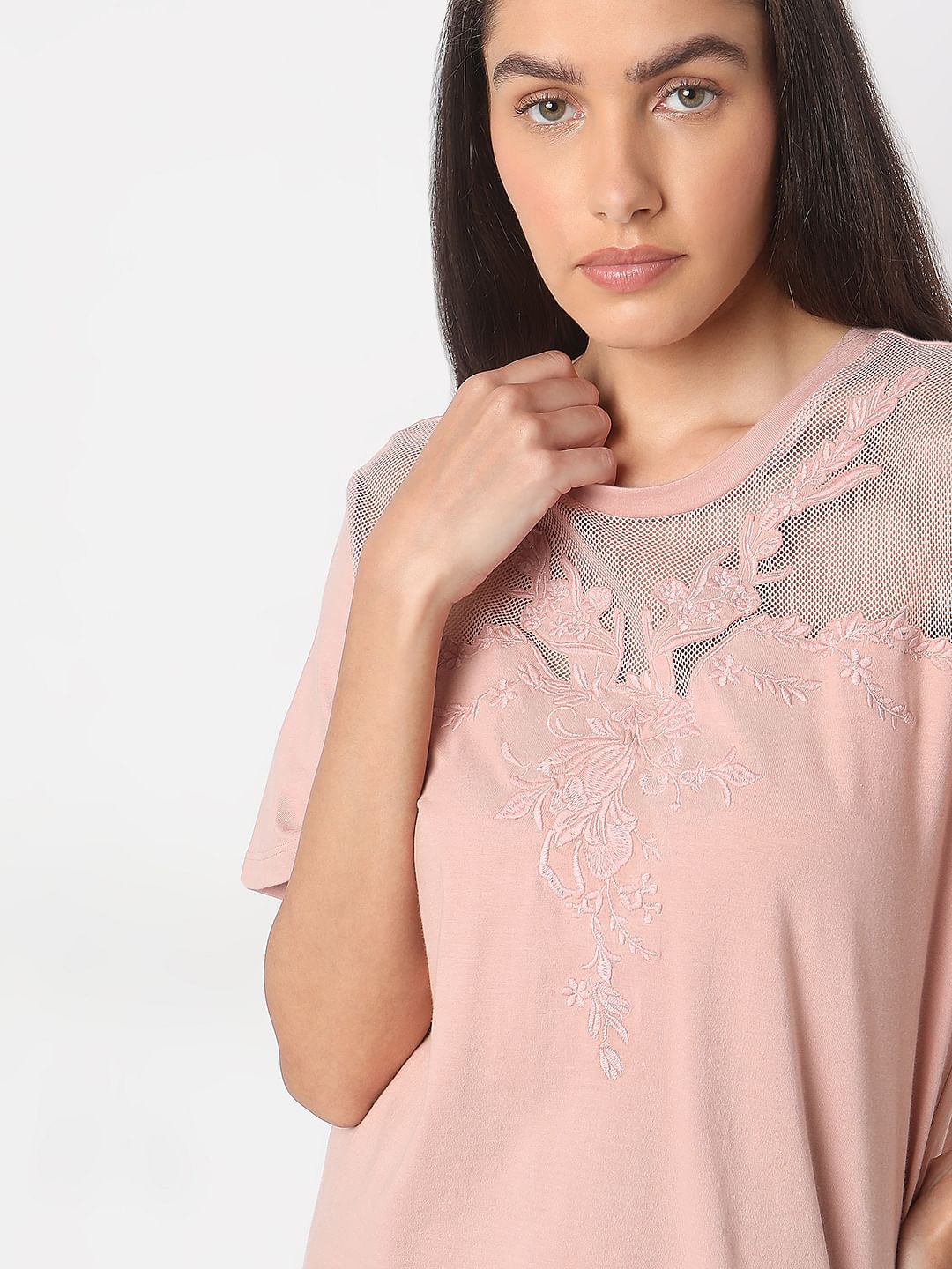 Pink Floral Appliqu  Mesh T-Shirt - Image 6