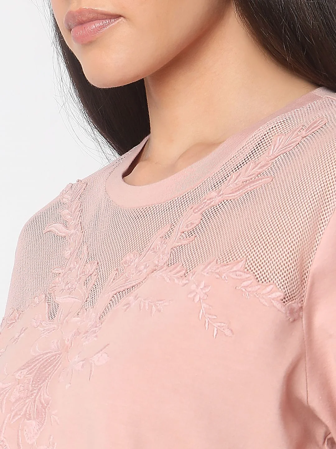 Pink Floral Appliqu  Mesh T-Shirt - Image 8