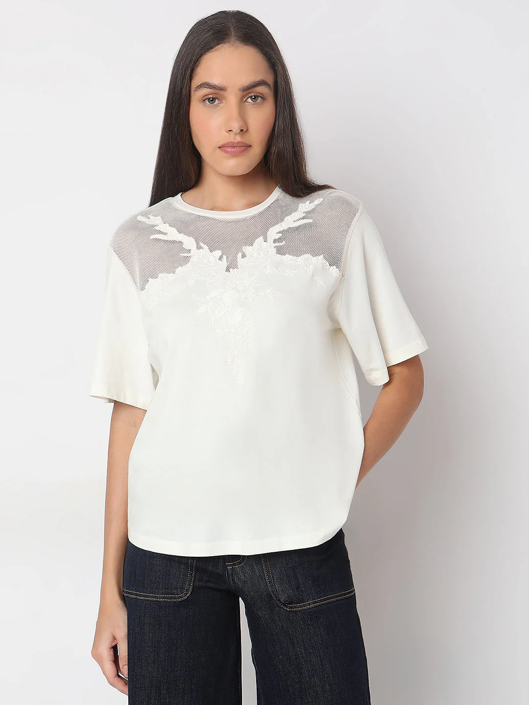 White Floral Appliqu  Mesh T-Shirt - Image 2