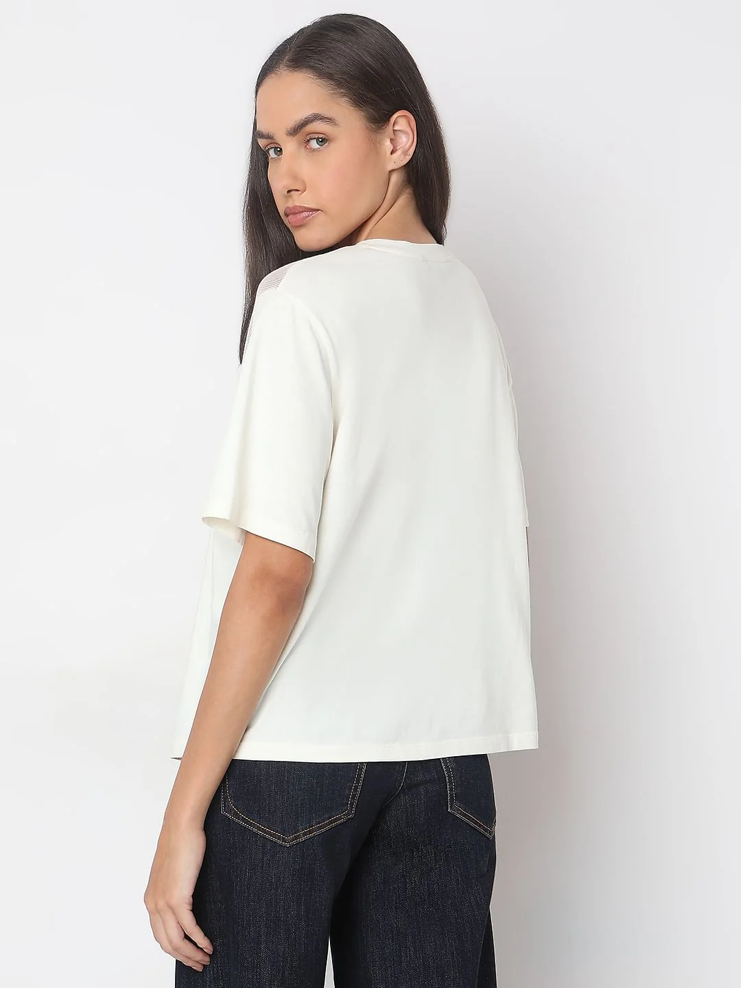 White Floral Appliqu  Mesh T-Shirt - Image 4