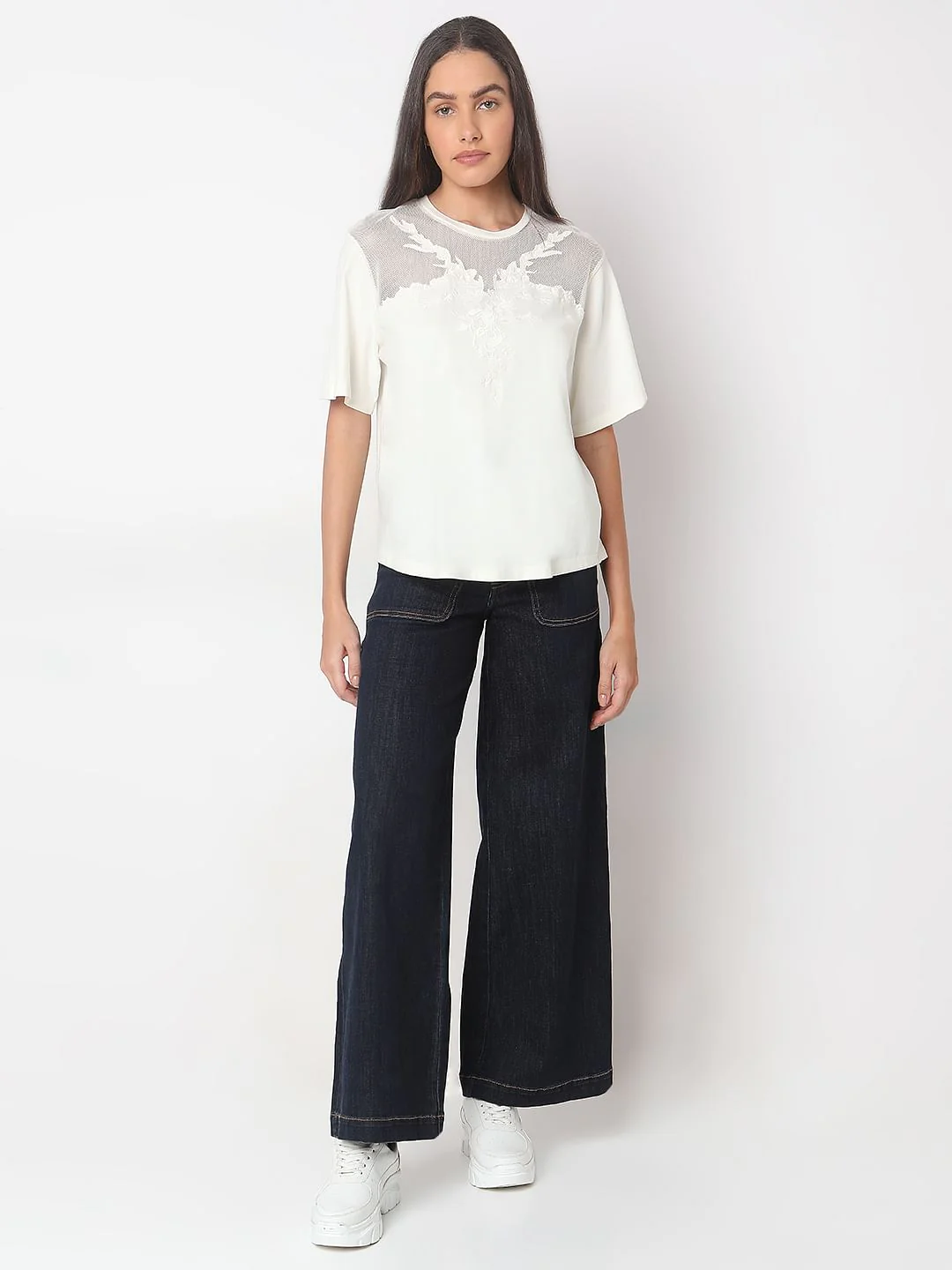 White Floral Appliqu  Mesh T-Shirt - Image 5