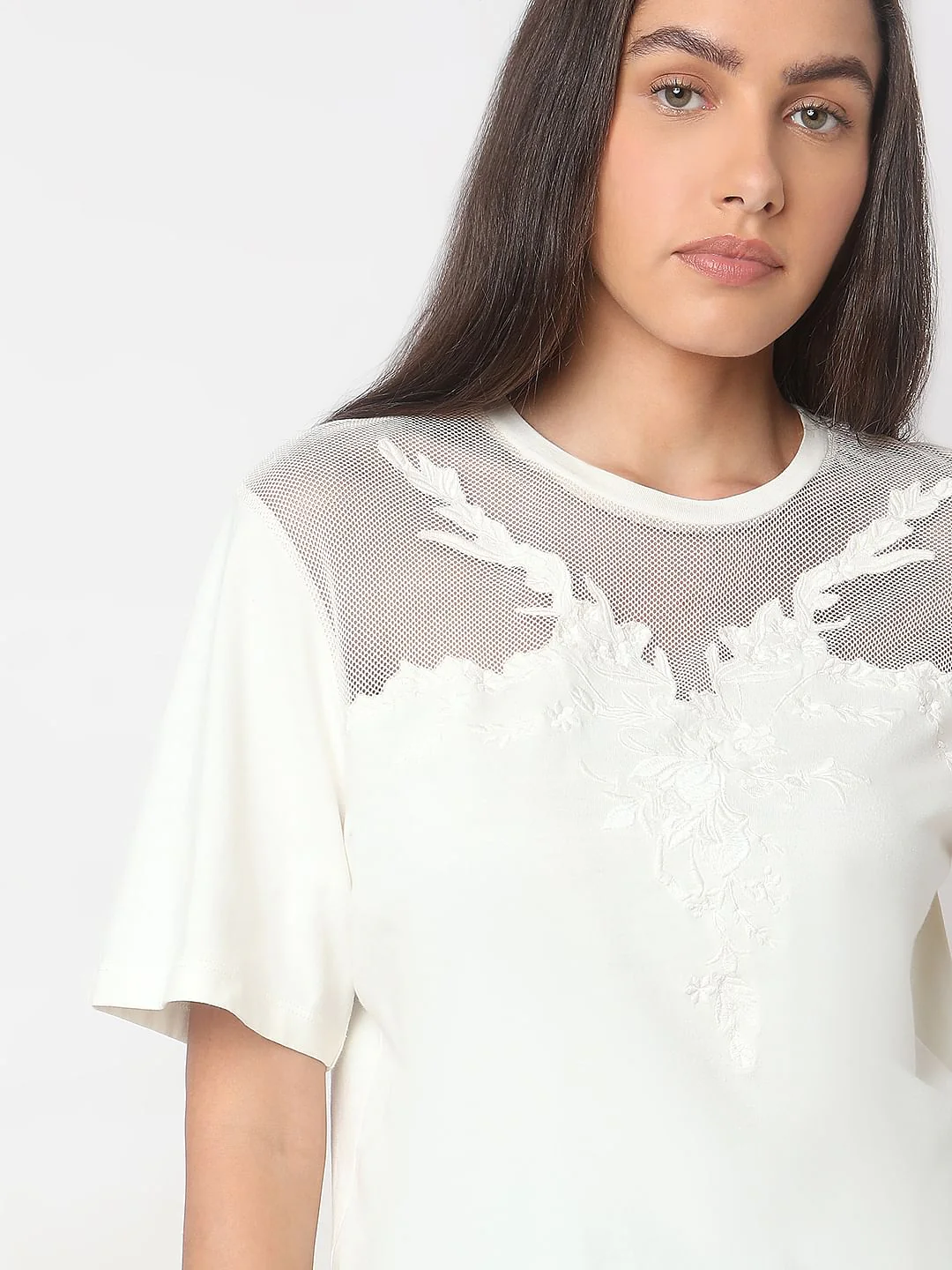 White Floral Appliqu  Mesh T-Shirt - Image 6