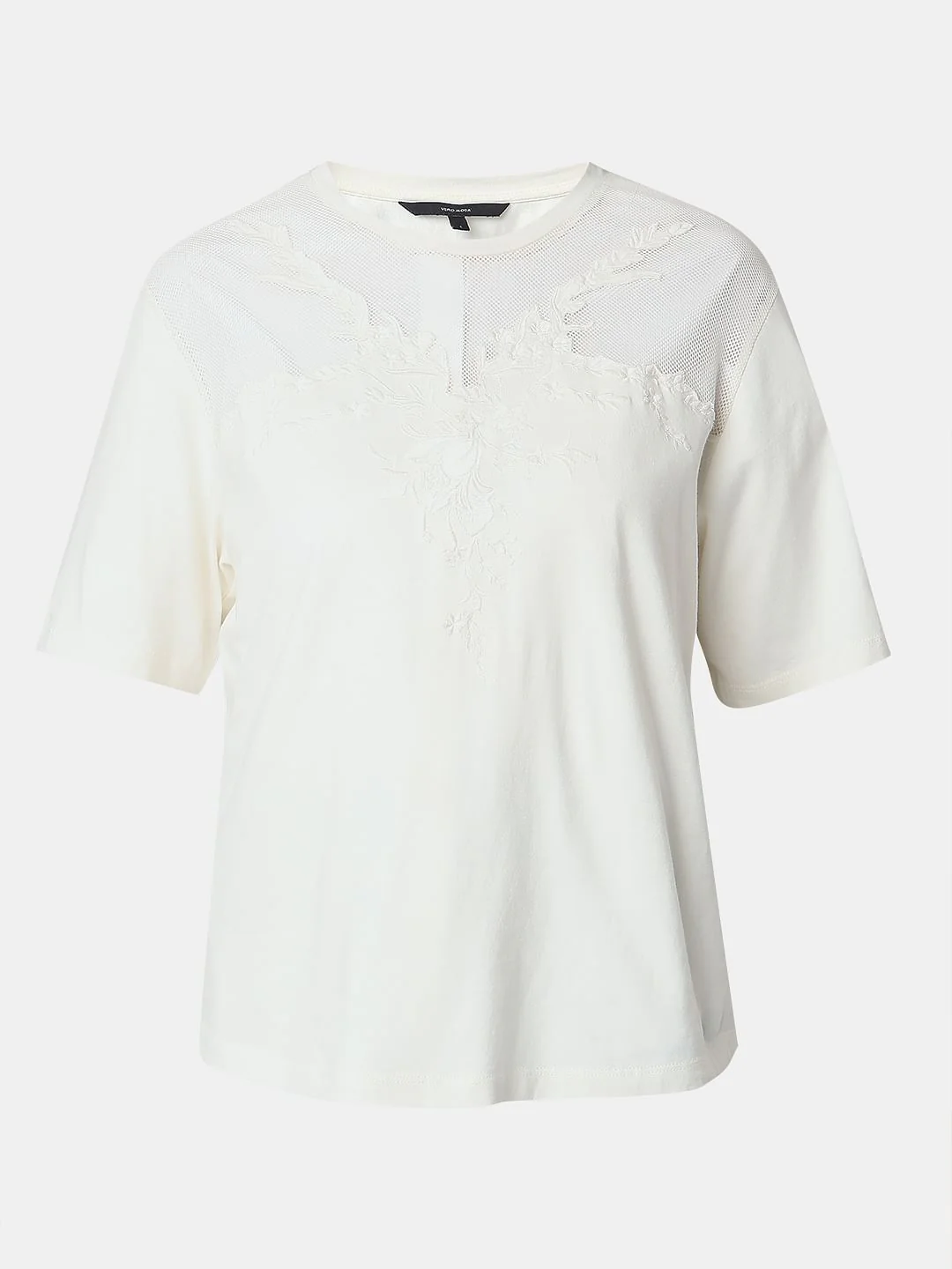 White Floral Appliqu  Mesh T-Shirt - Image 7