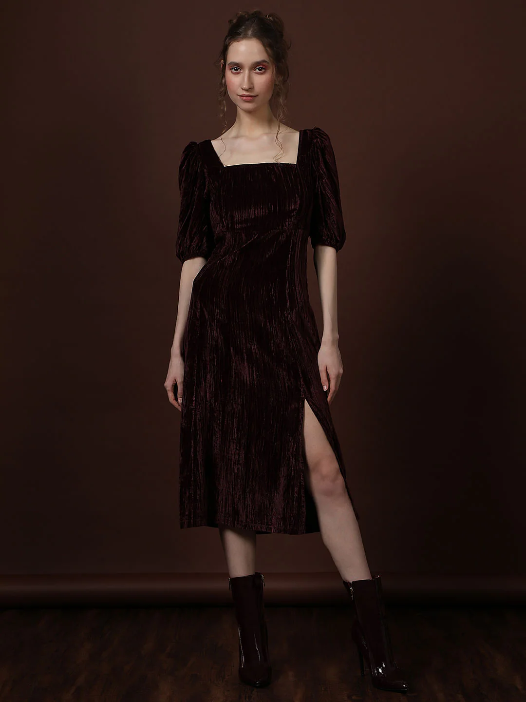 Maroon Square Neck Midi Dress - Image 2
