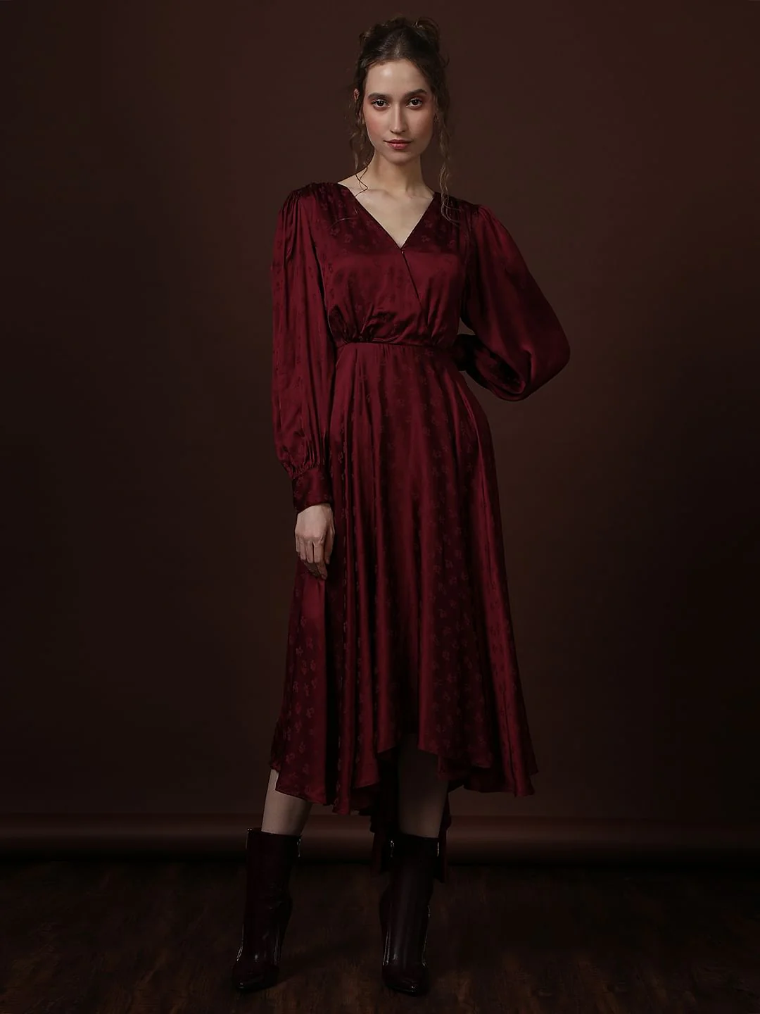 Maroon V-Neck Midi Dress - Image 2
