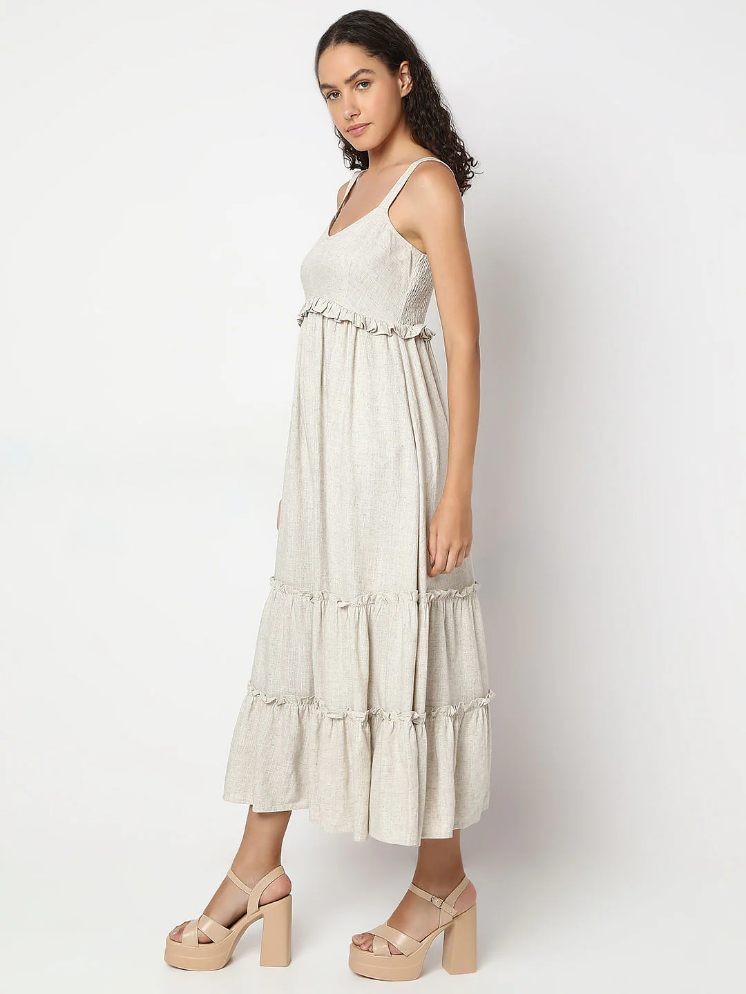 Beige Cotton Midi Dress - Image 3