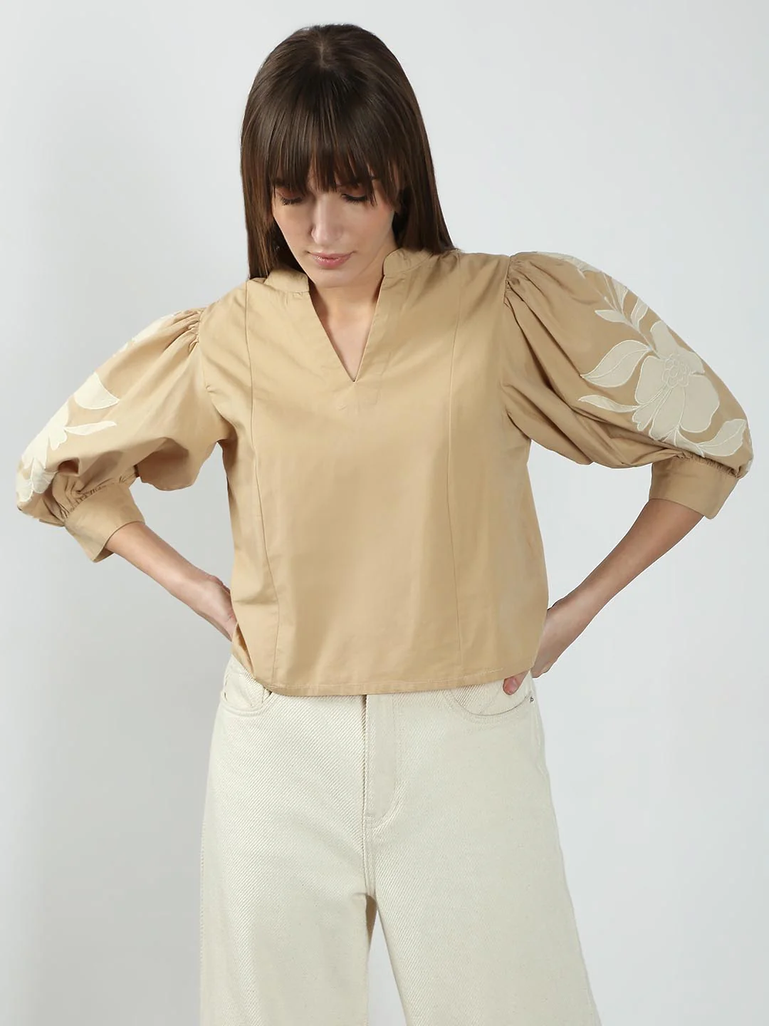 Vero Moda Beige V Neck Cotton Top - Image 2