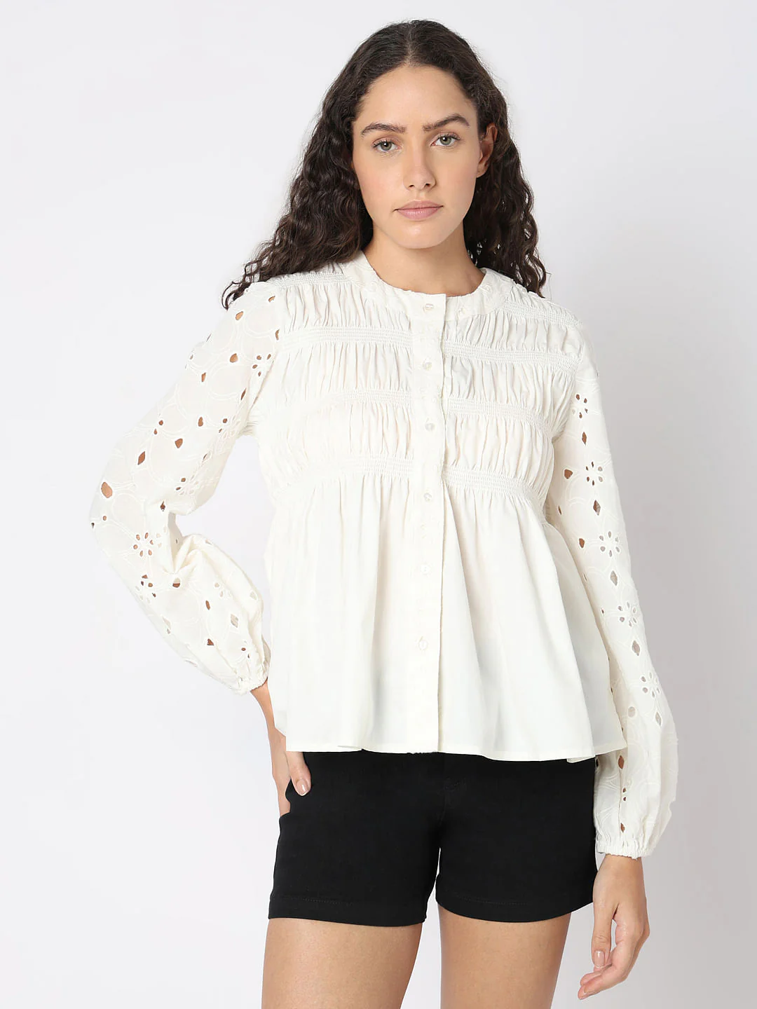 White Cut-Work Smocked Top - Image 2