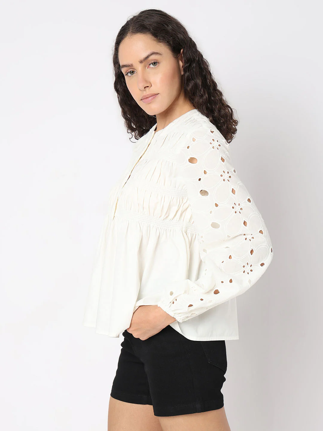White Cut-Work Smocked Top - Image 3