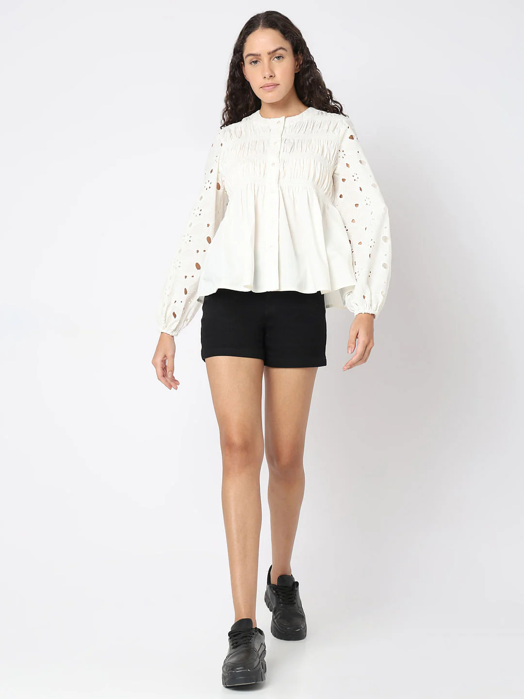 White Cut-Work Smocked Top - Image 5