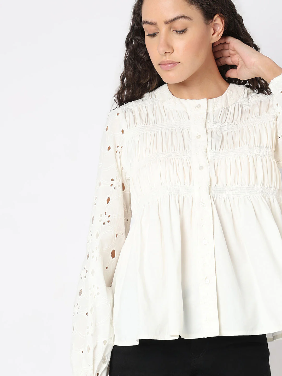 White Cut-Work Smocked Top - Image 6