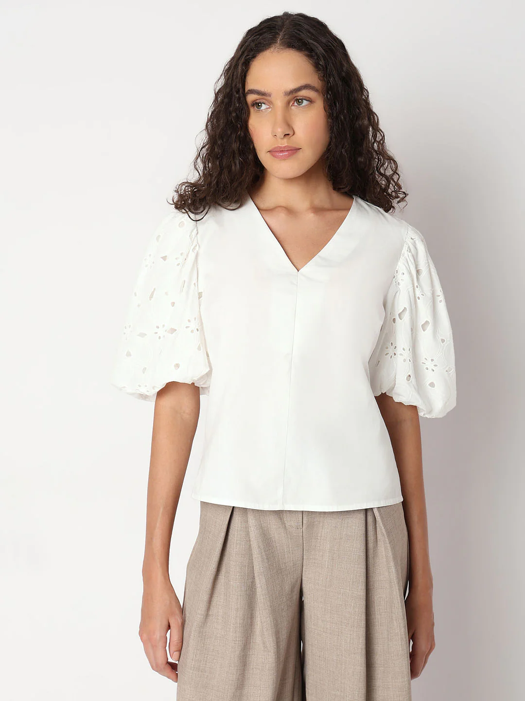 Bright White Cut-Work Sleeves Top - Image 2