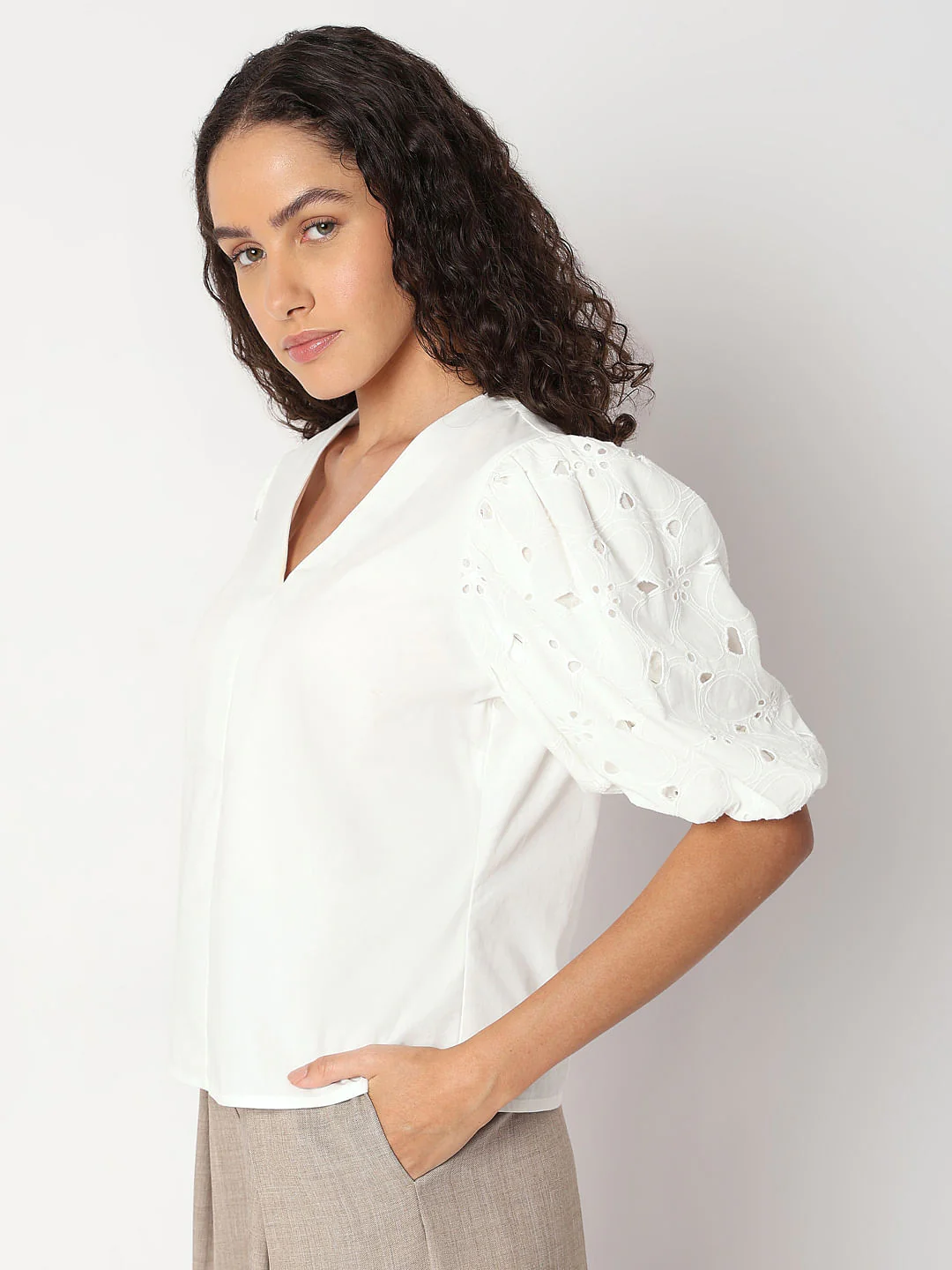 Bright White Cut-Work Sleeves Top - Image 3