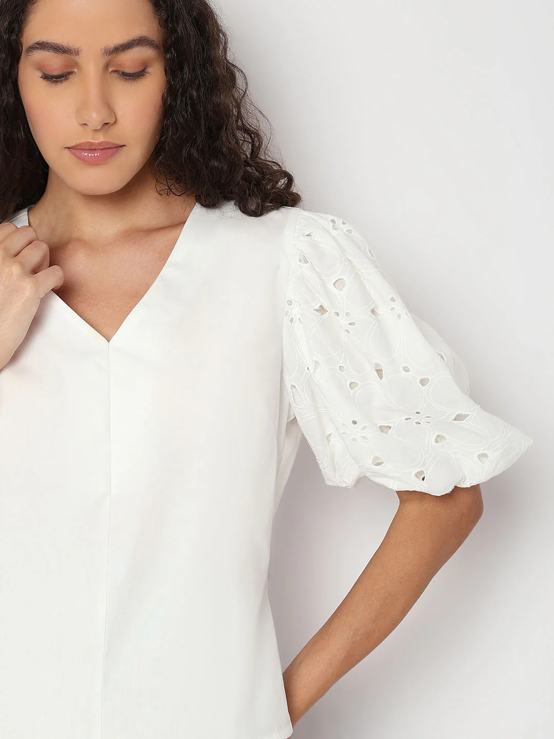 Bright White Cut-Work Sleeves Top - Image 6