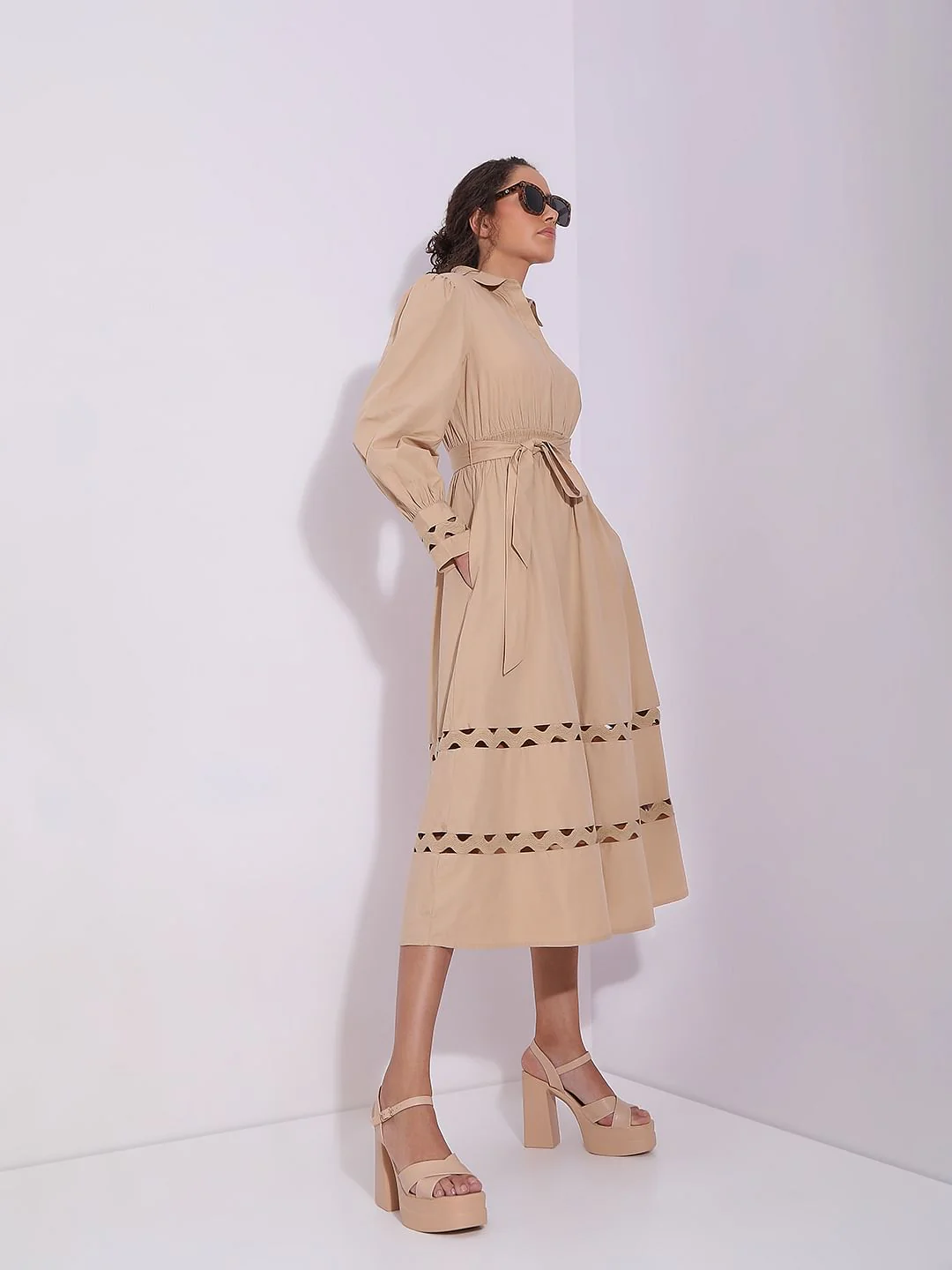 Beige Midi Shirt Dress