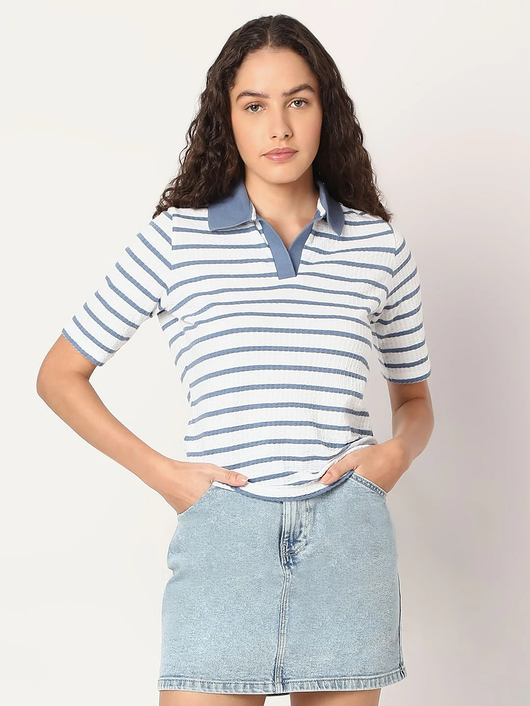Blue Striped Rib-Knit T-Shirt - Image 2