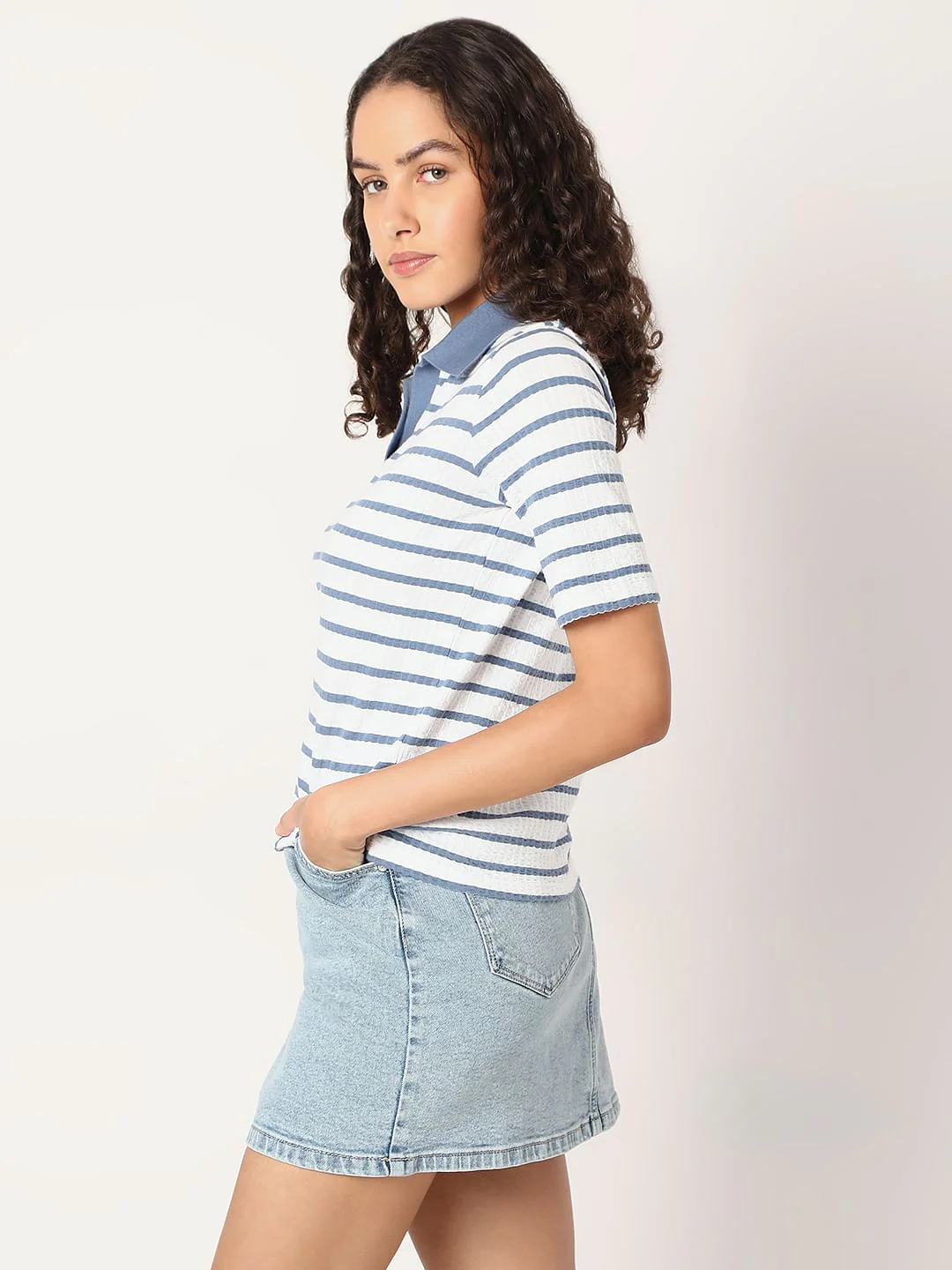 Blue Striped Rib-Knit T-Shirt - Image 3