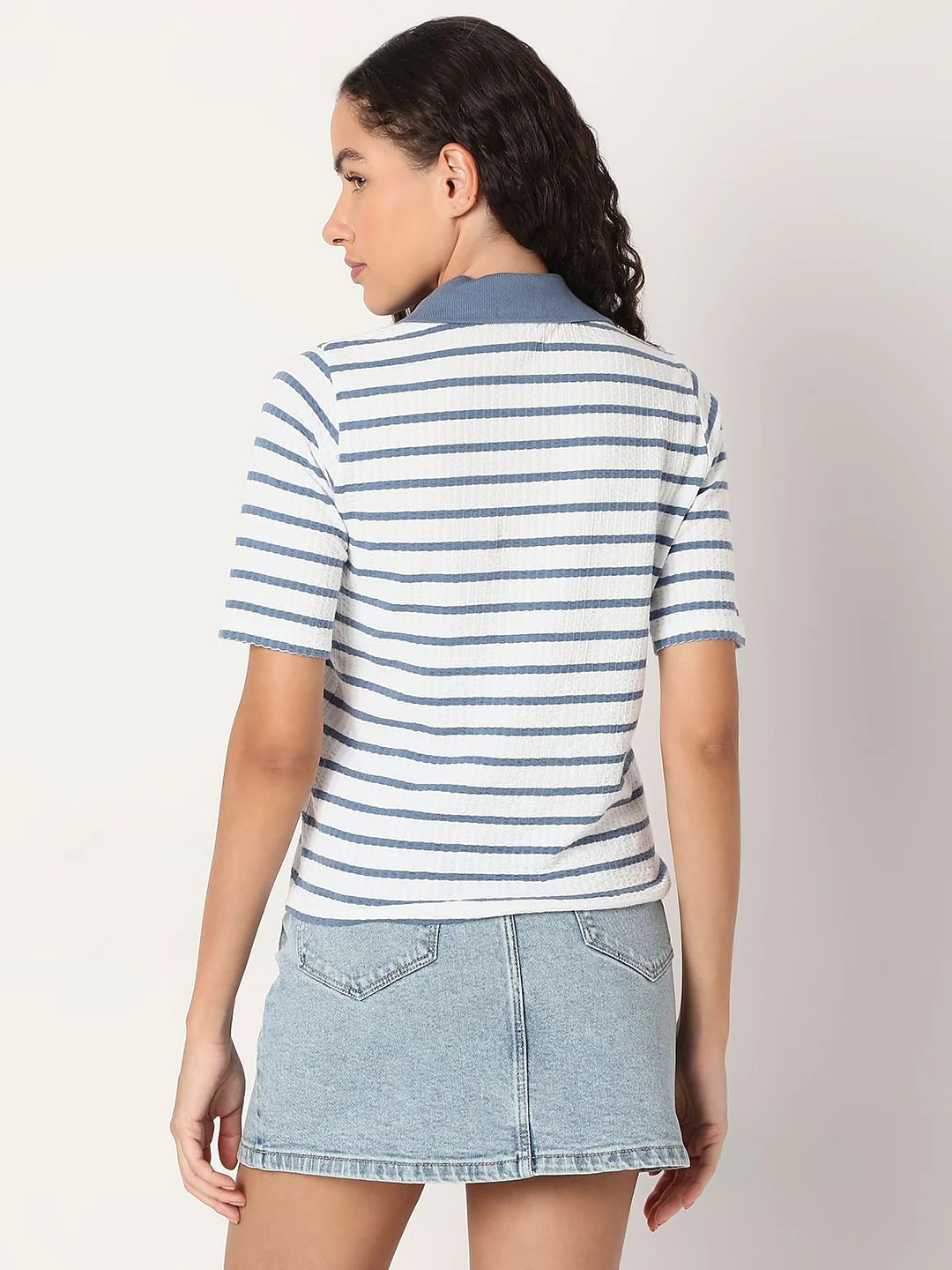 Blue Striped Rib-Knit T-Shirt - Image 4