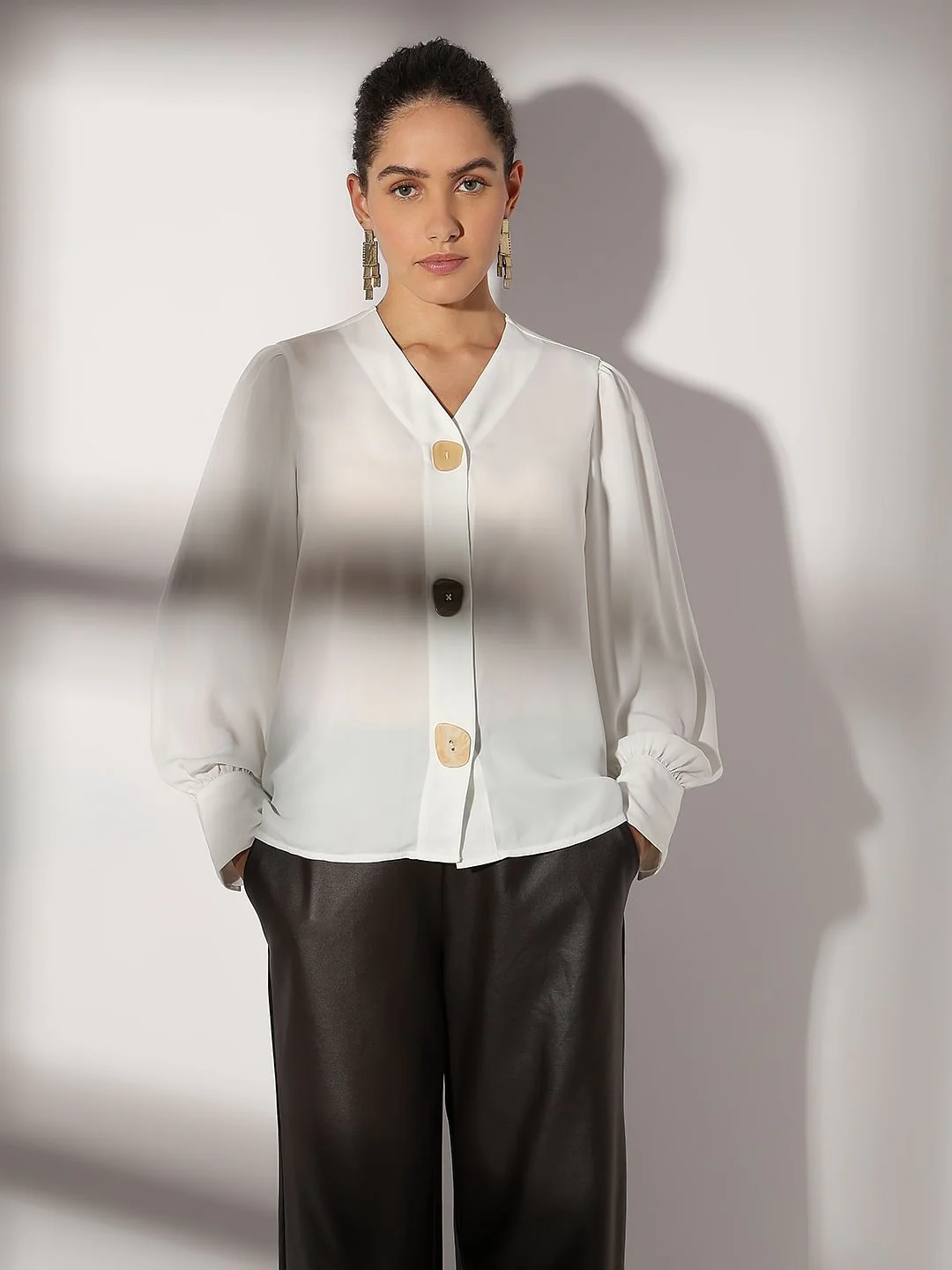 White Asymmetrical Button Top