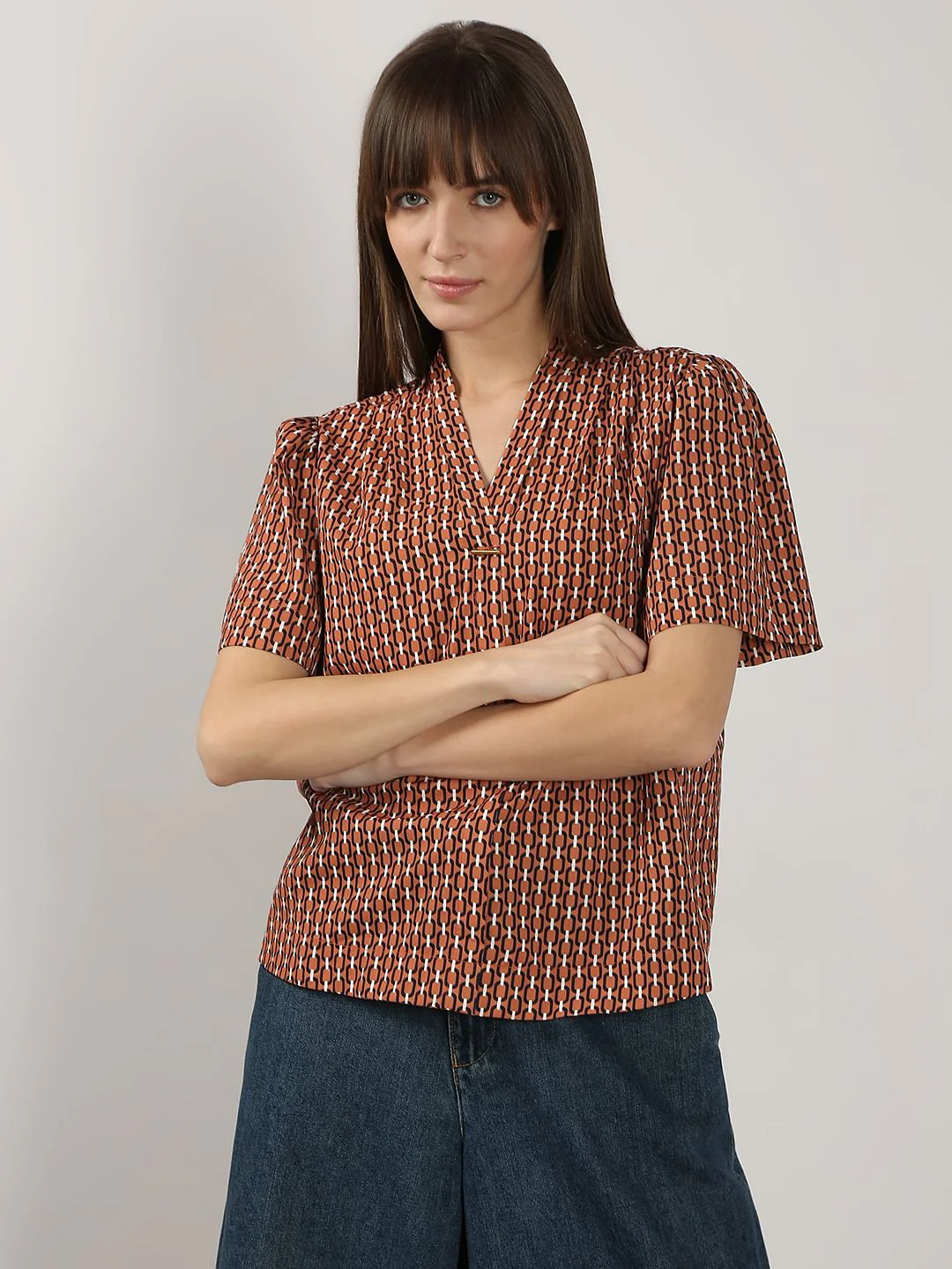 Brown Printed V Neck Top - Image 2