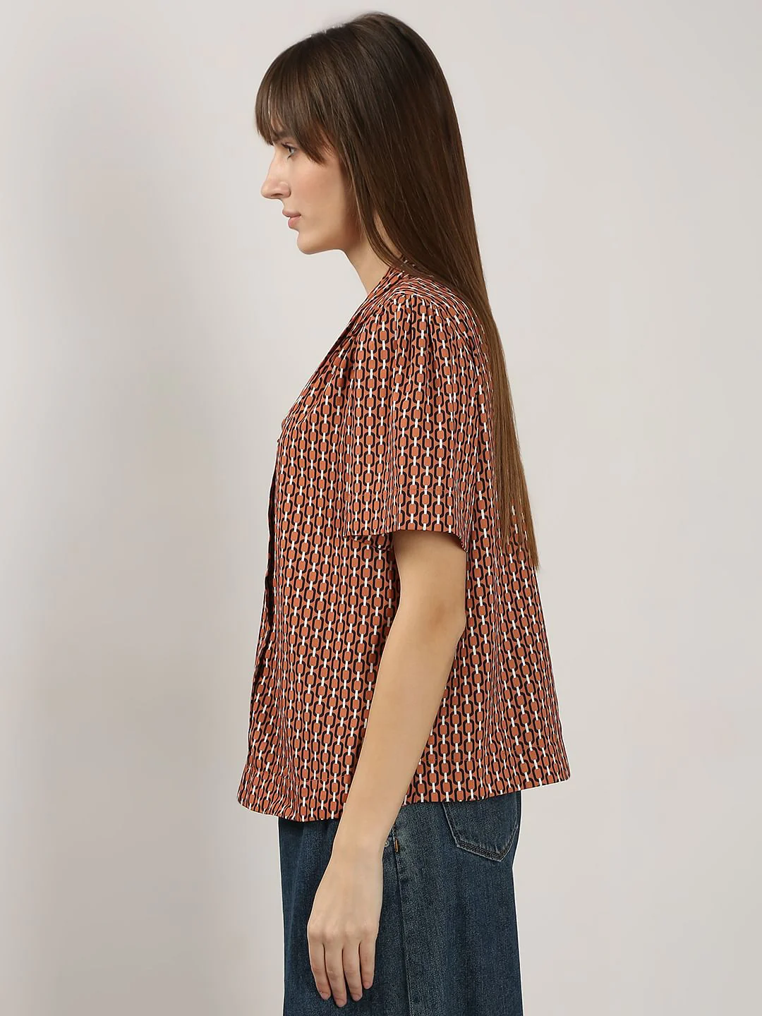 Brown Printed V Neck Top - Image 3