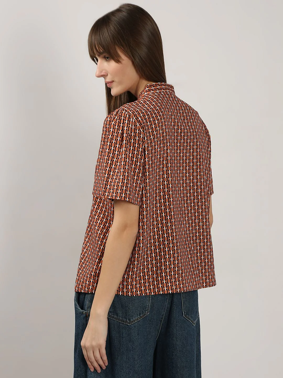 Brown Printed V Neck Top - Image 4