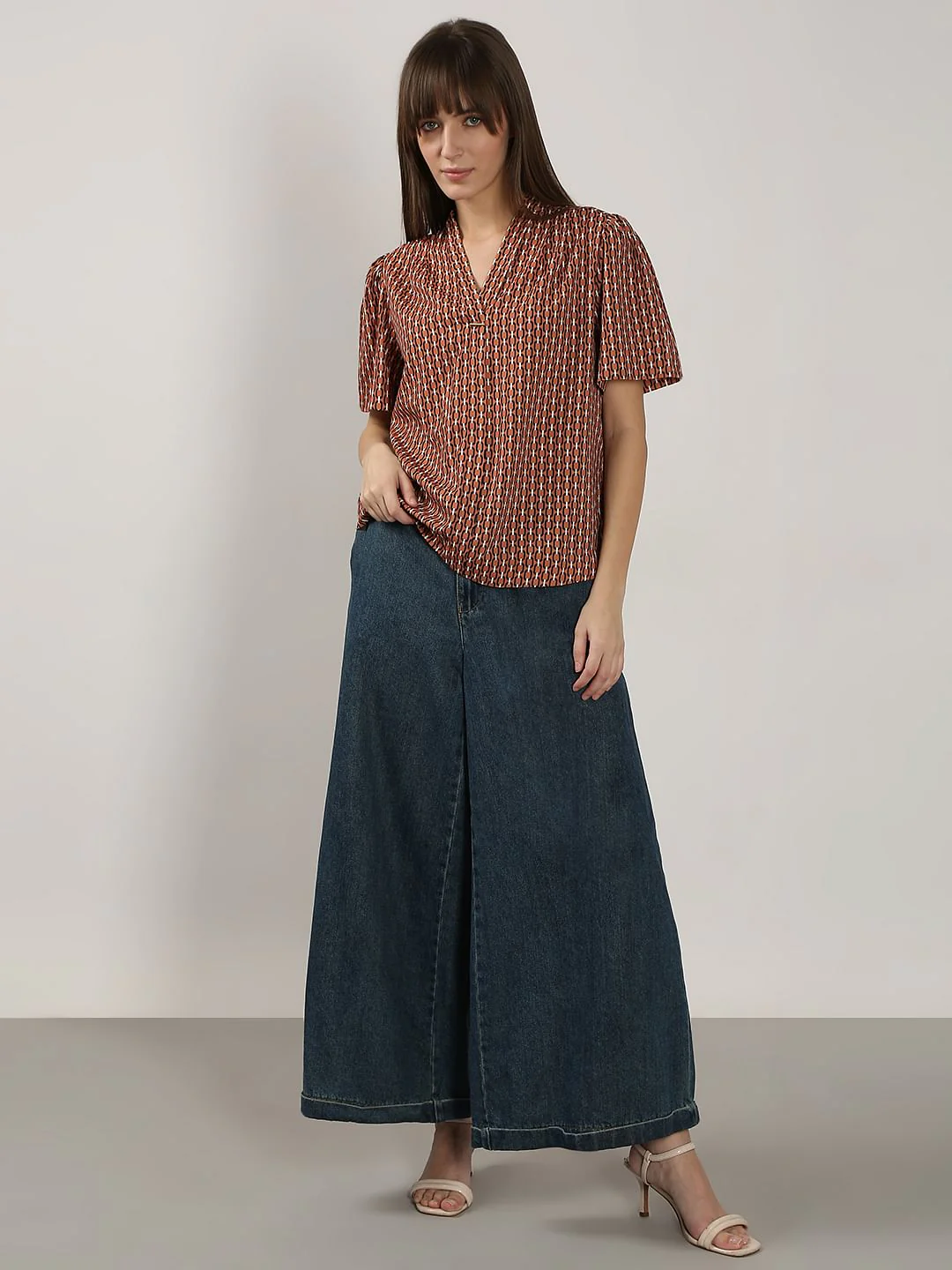 Brown Printed V Neck Top - Image 5