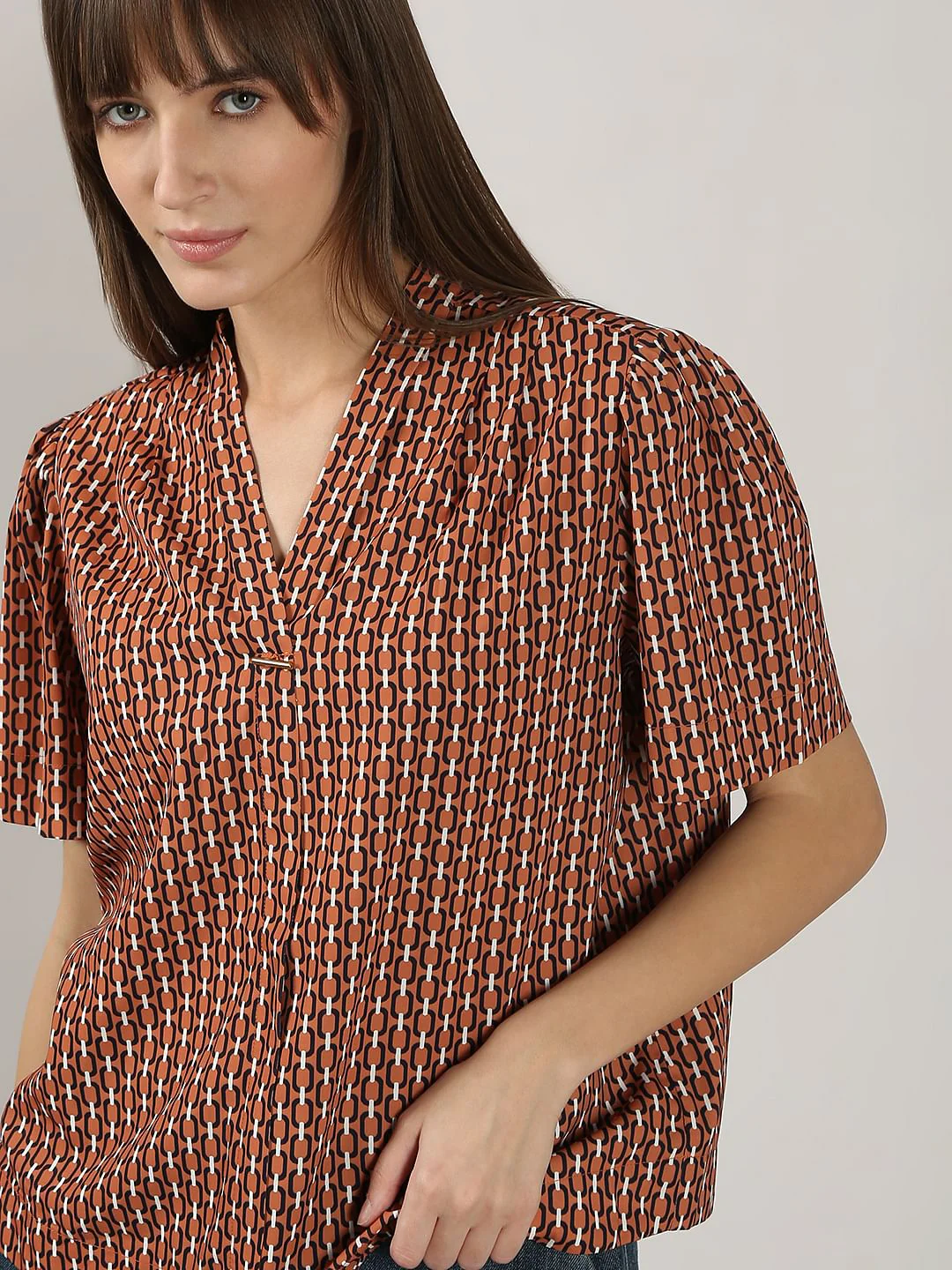 Brown Printed V Neck Top - Image 6