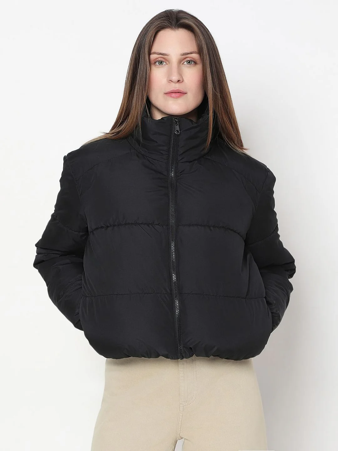 Black High Neck Puffer Jacket - Image 2