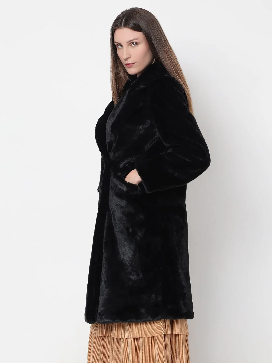 Black Faux Fur Long Coat - Image 3