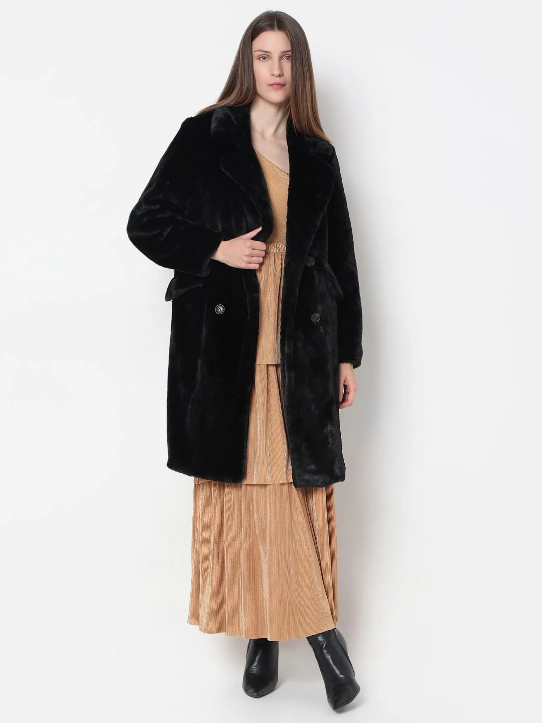 Black Faux Fur Long Coat - Image 5