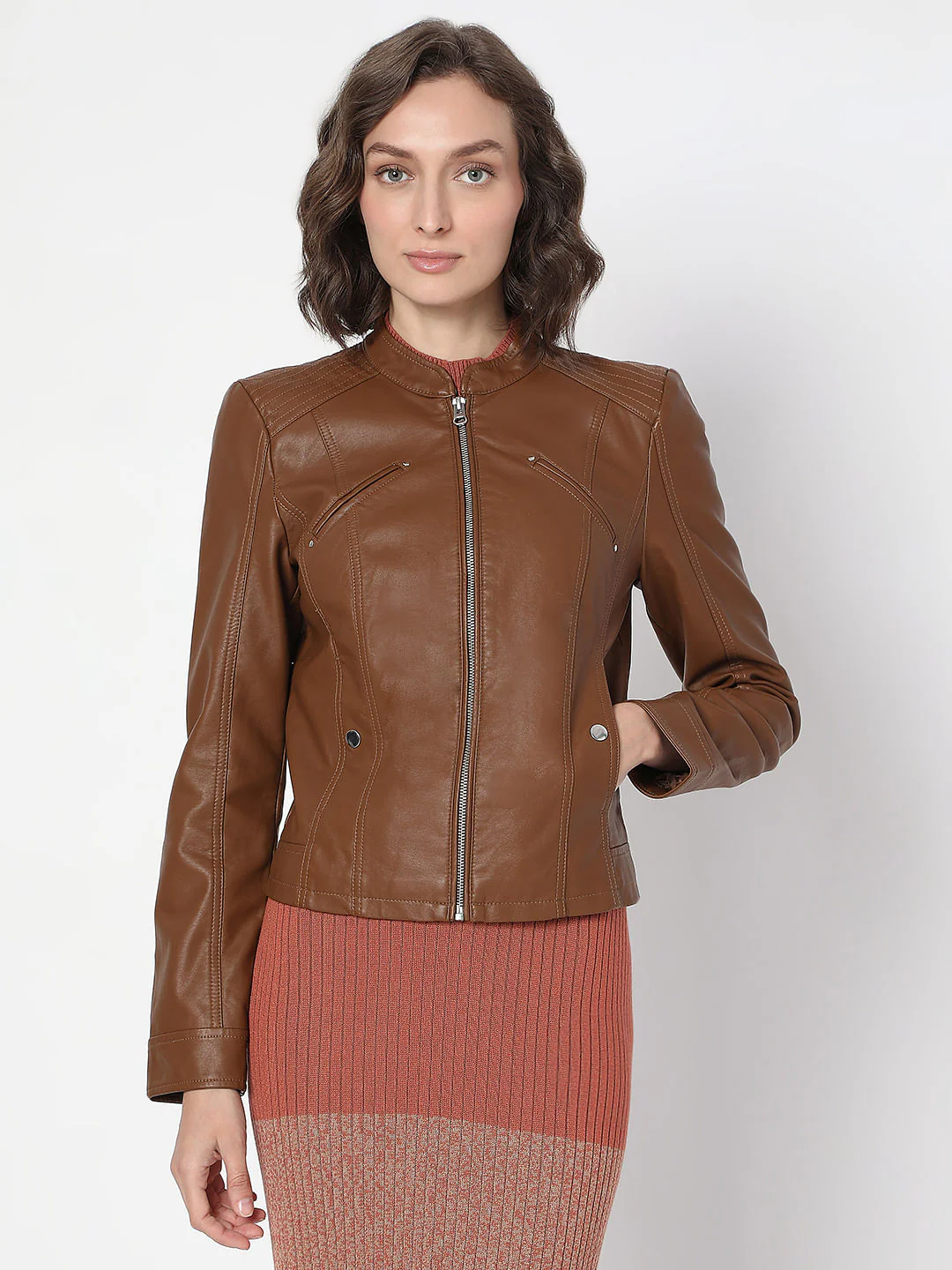 Dark Brown Coated Biker Jacket - Image 2