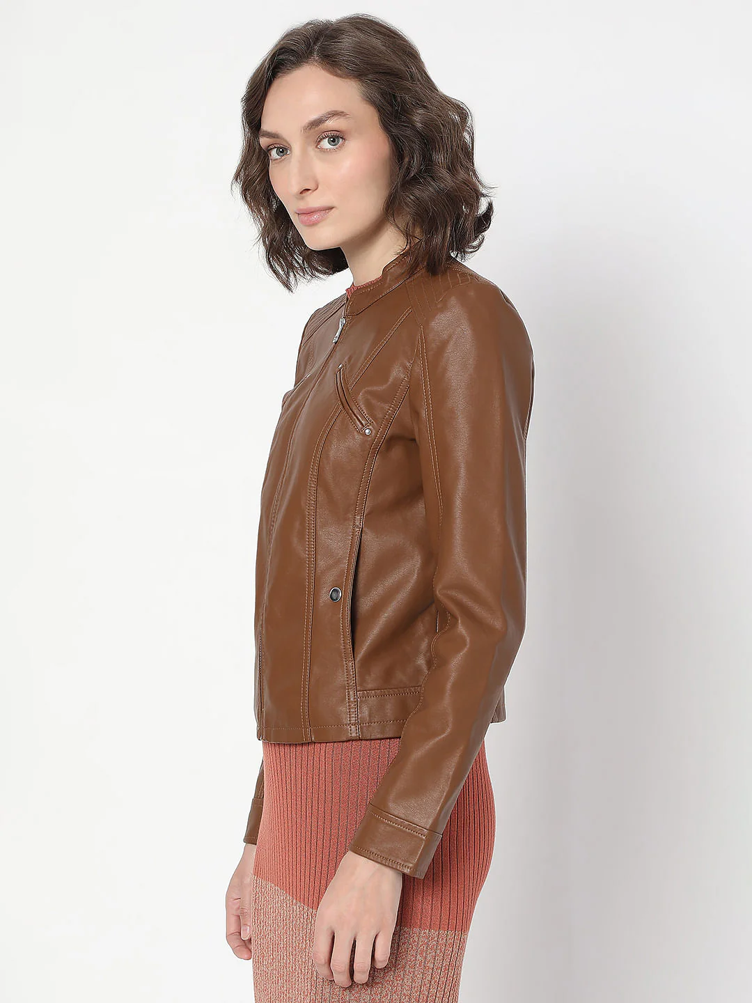 Dark Brown Coated Biker Jacket - Image 3
