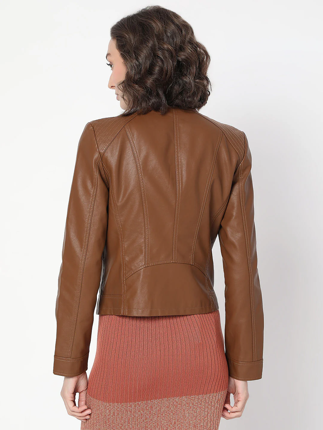 Dark Brown Coated Biker Jacket - Image 4