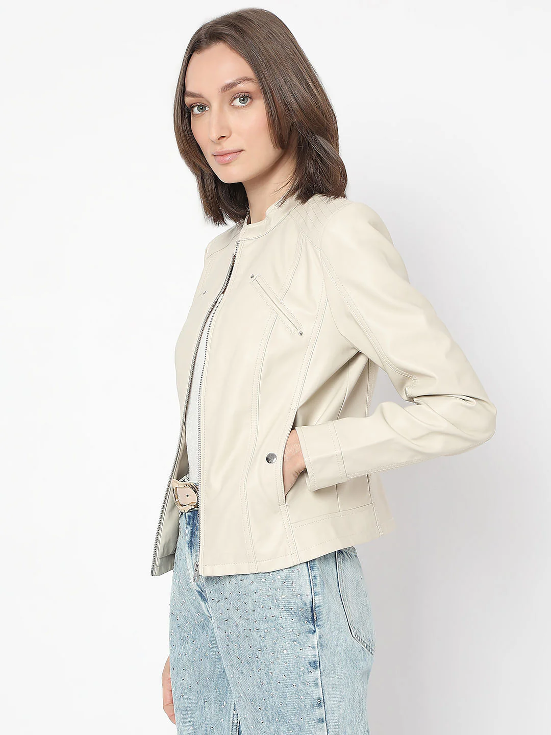 Beige Coated Biker Jacket - Image 3