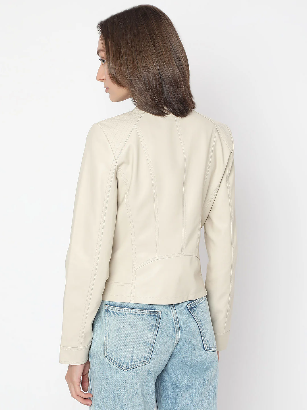 Beige Coated Biker Jacket - Image 4