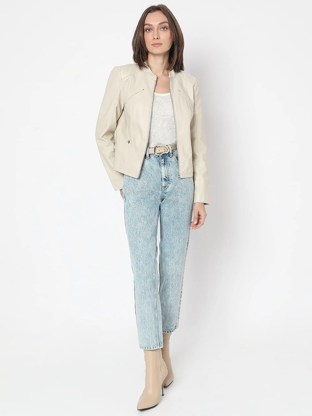 Beige Coated Biker Jacket - Image 5