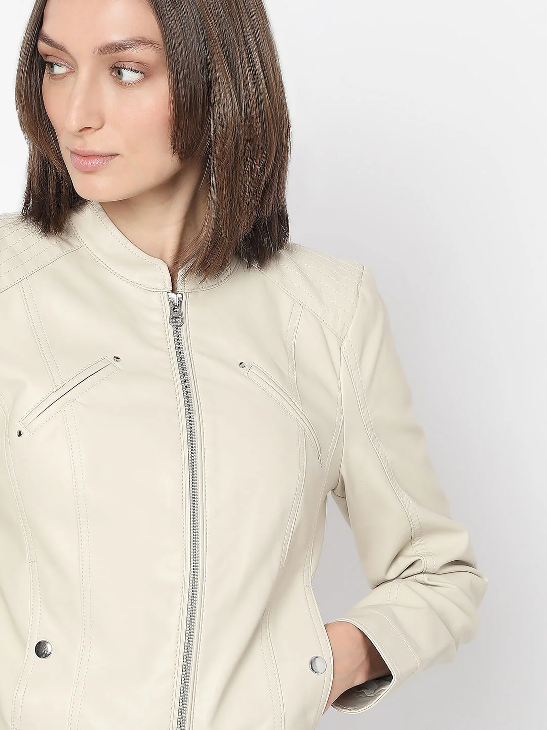Beige Coated Biker Jacket - Image 6