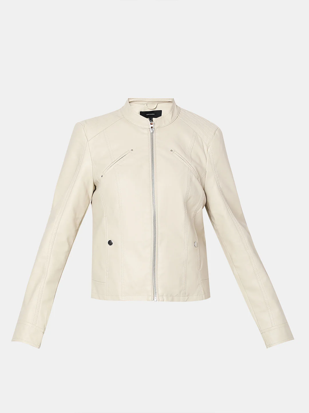 Beige Coated Biker Jacket - Image 7