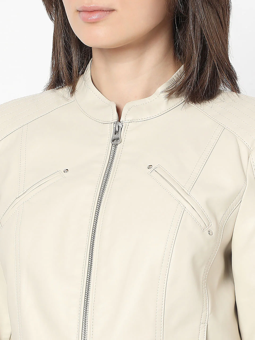 Beige Coated Biker Jacket - Image 8
