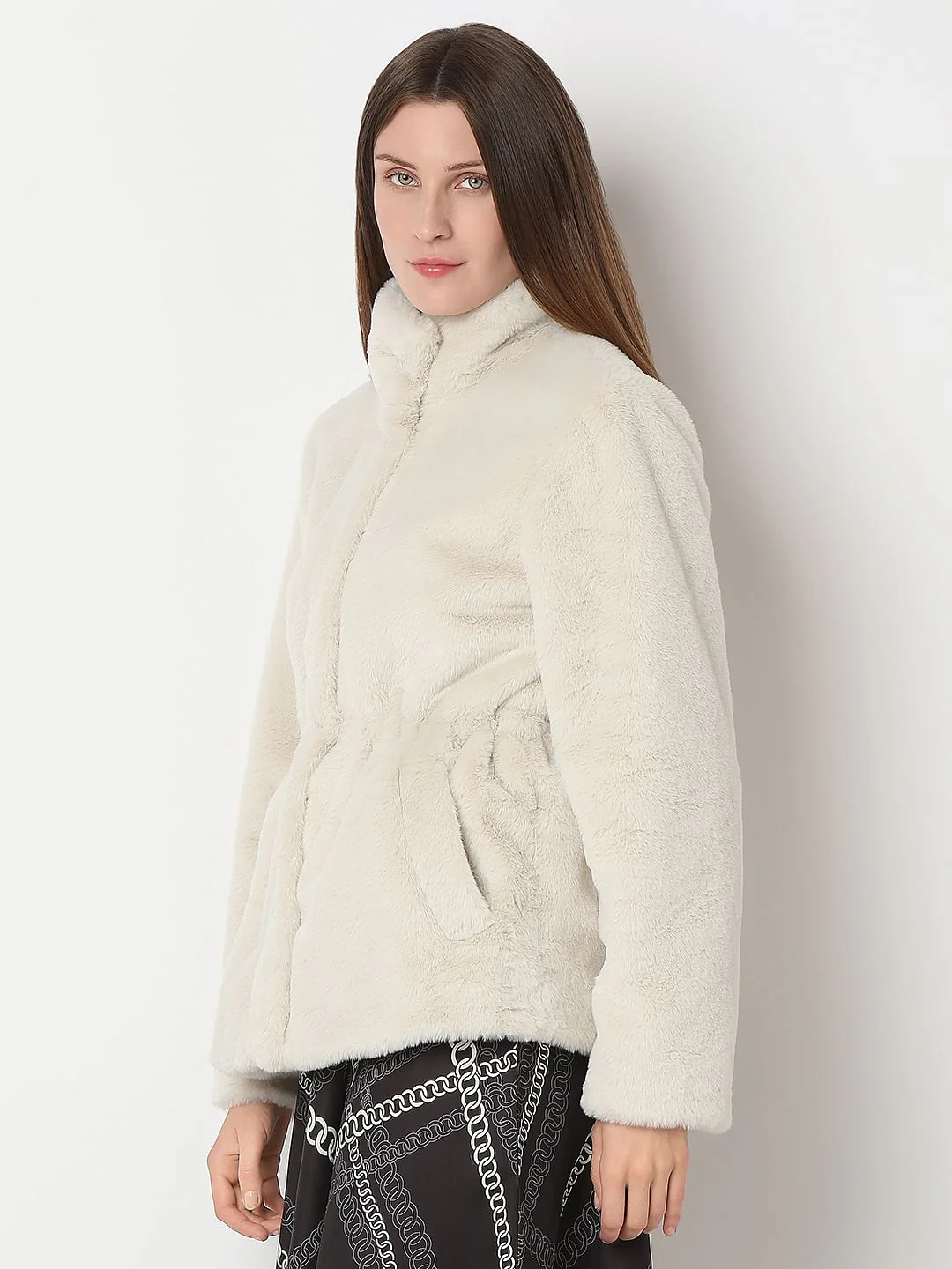 Beige High Neck Faux Fur Jacket - Image 3