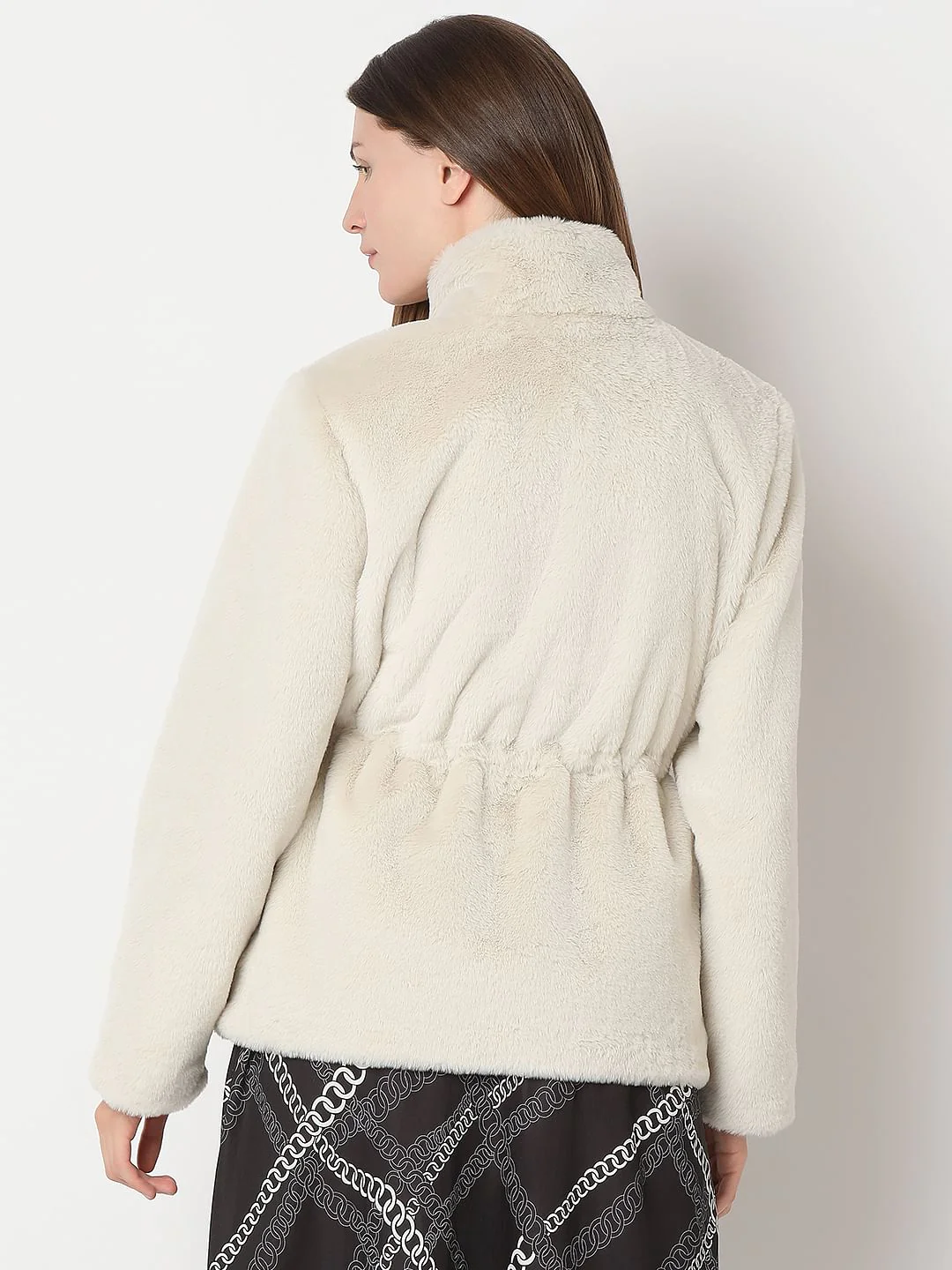 Beige High Neck Faux Fur Jacket - Image 4